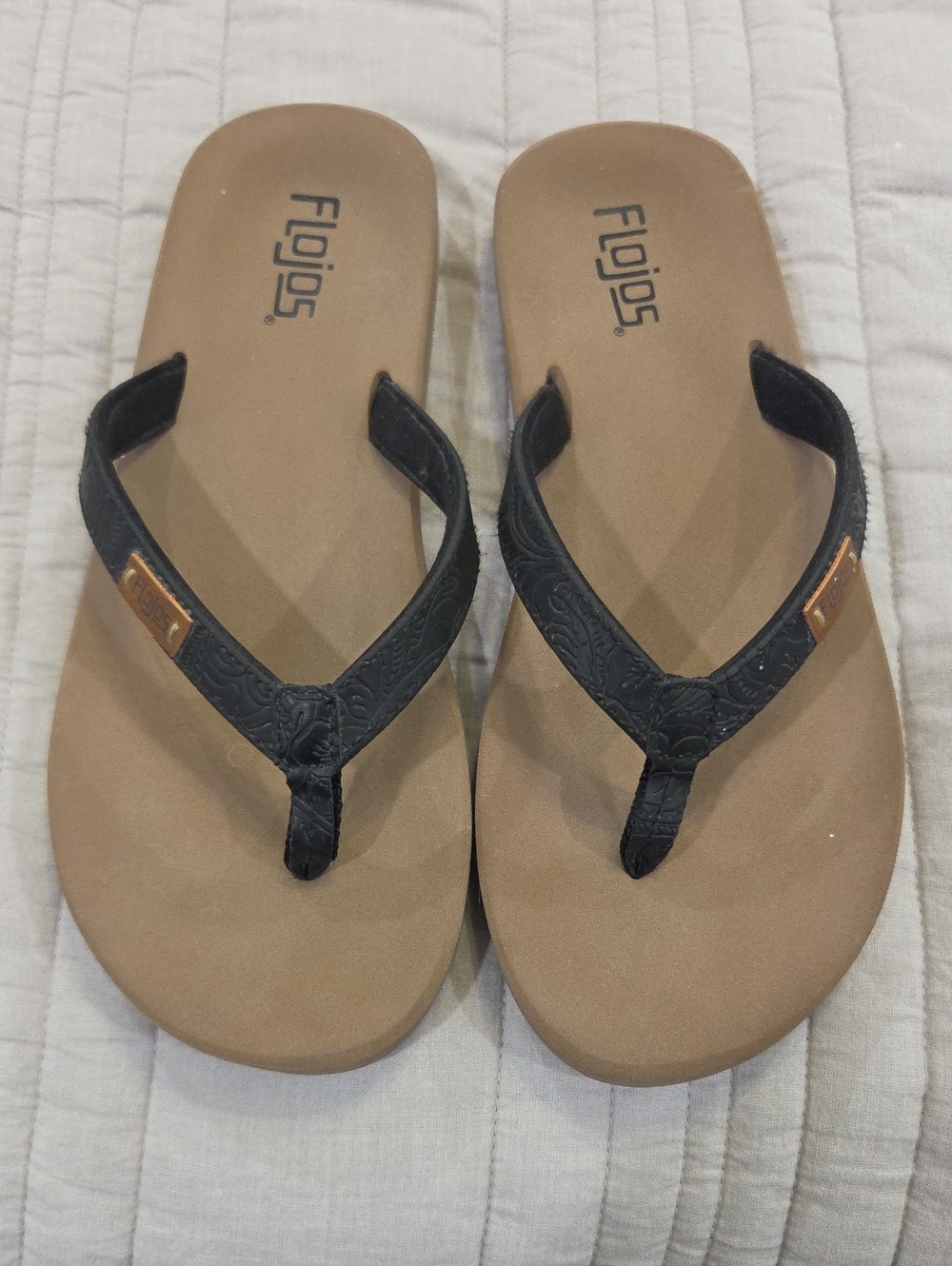Flojos Black Strappy Sandals with Tan Footbed